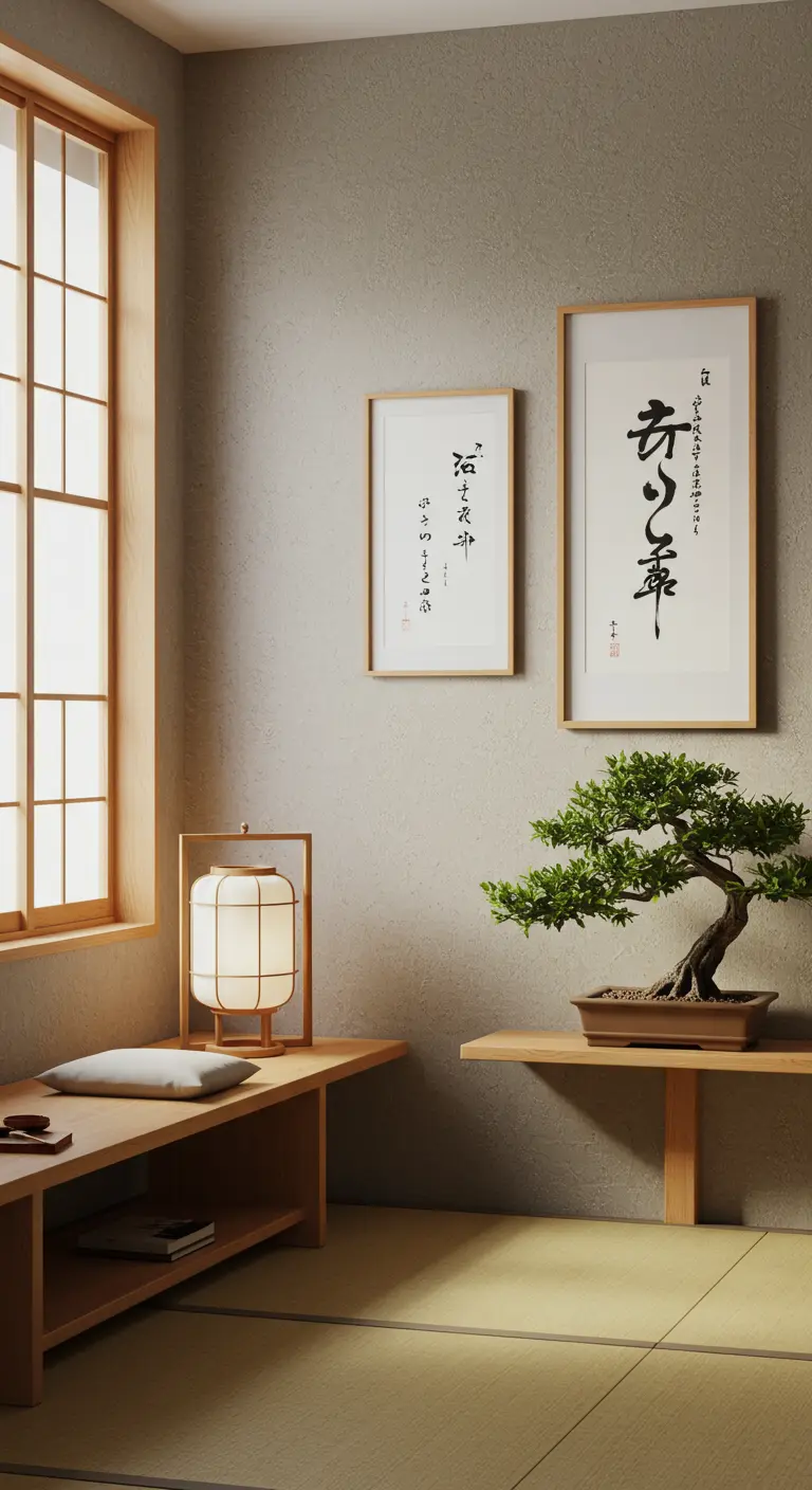 Twee Japanse kalligrafie werken in lichte houten lijsten aan een beige muur naast een bonsai.