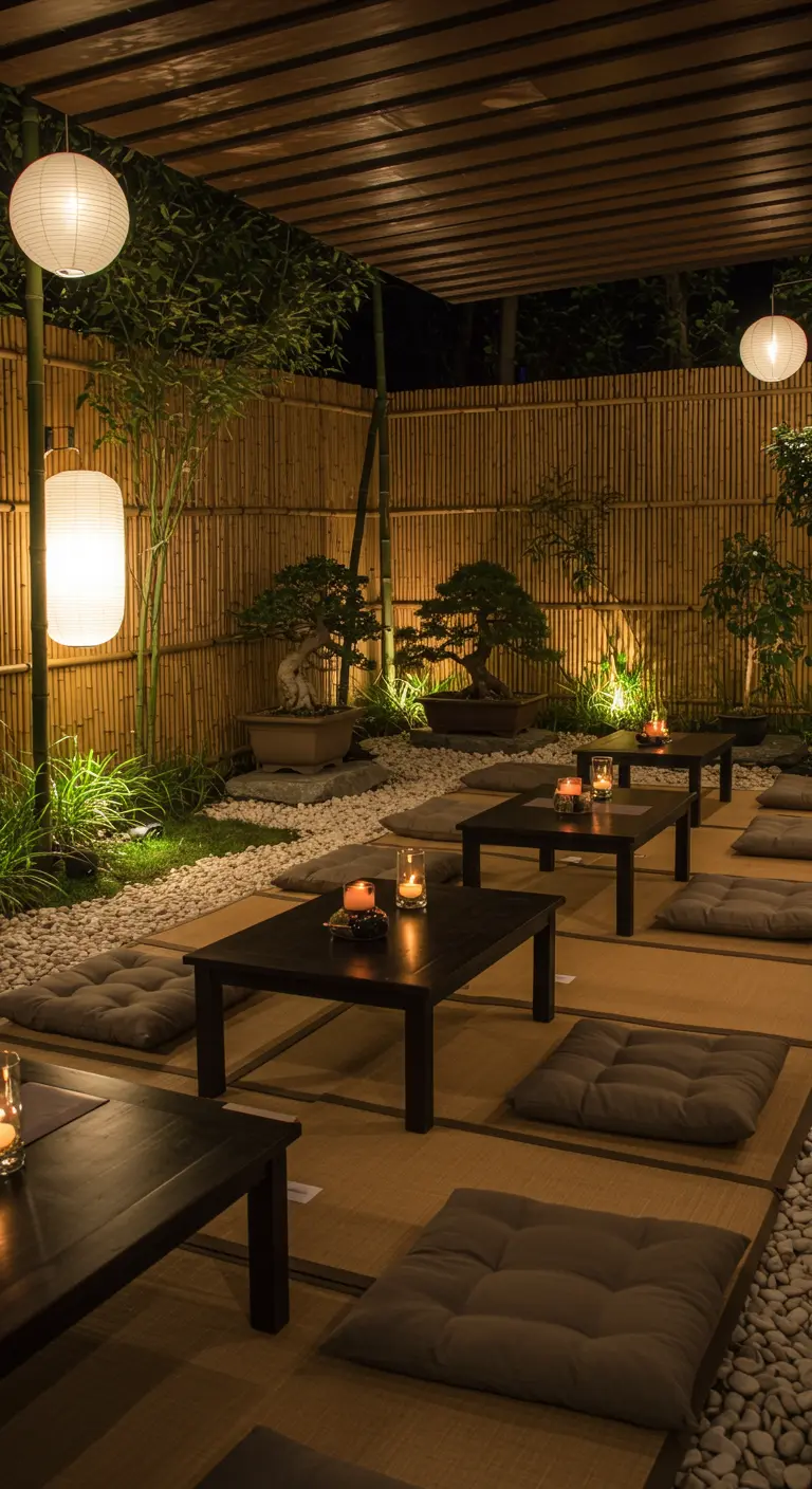 Sfeervolle Japanse tuinsetting bij avond met lage tafels, zitkussens en lantaarns.