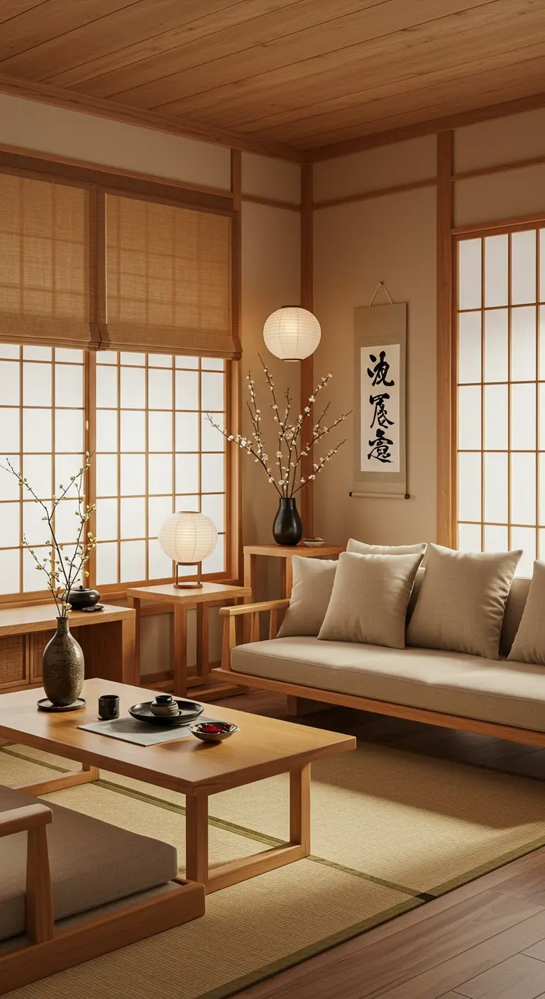 Japandi-stijl woonkamer met houten meubels, shoji-schermen en papieren lantaarns.