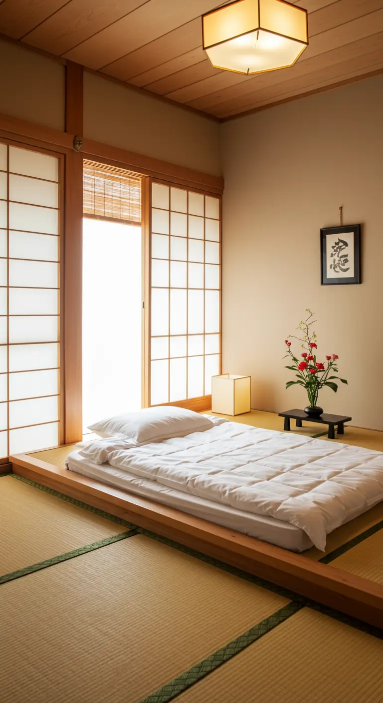 Minimalistische Japanse slaapkamer met laag bed op houten platform, shoji-schermen en tatami matten.