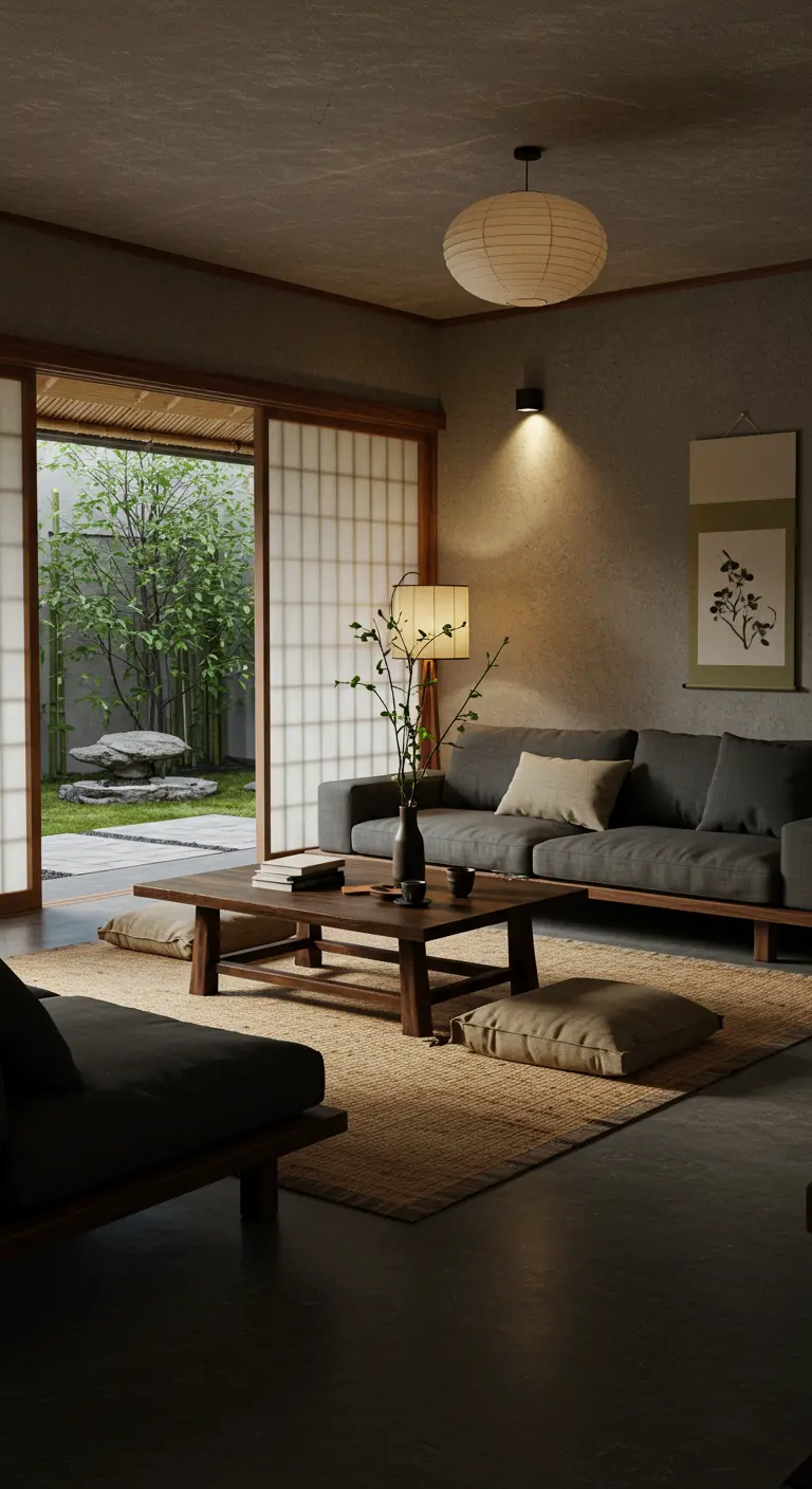 Minimalistische woonkamer met Japanse invloeden, lage bank en schuifdeuren naar tuin.