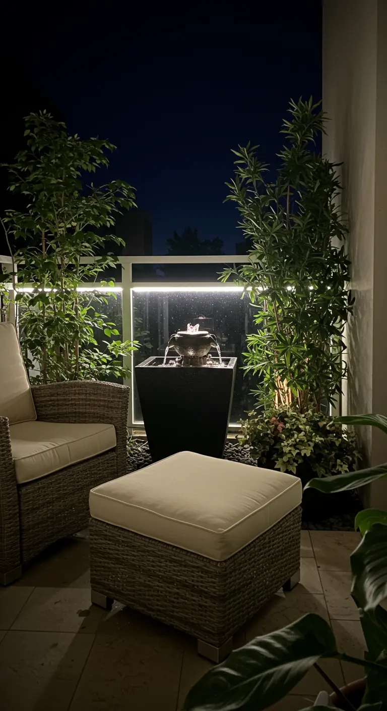 Luxe rieten fauteuils met voetenbank, waterornament en sfeerverlichting op een modern balkon.