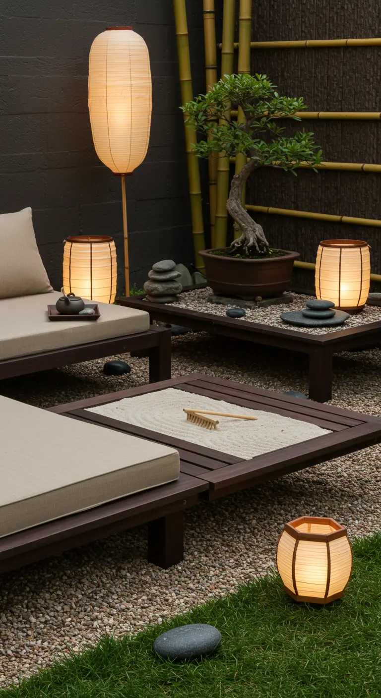 Japanse loungeplek met lage houten meubels, papieren lantaarns en mini zen-tuin.