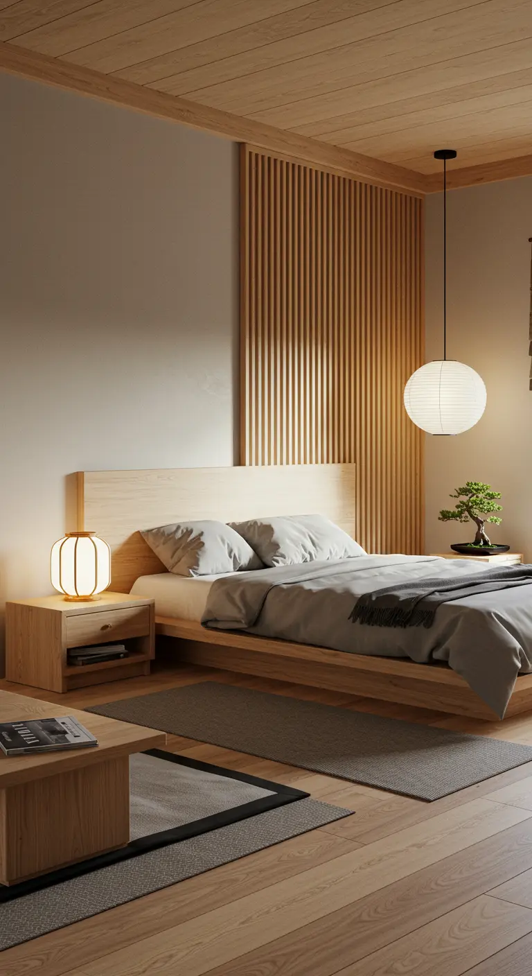 Japandi slaapkamer met lichte houten lattenwand, laag bed en papieren hanglamp.