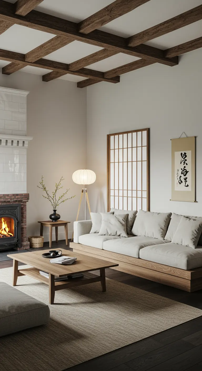 Japandi-stijl woonkamer met houten meubels, papieren lamp en shoji scherm.