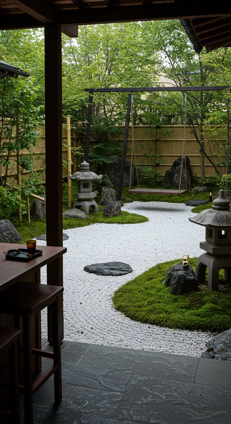 Japanse tuin met minimalistische houten schommel, grind, mos en een kleine bar.