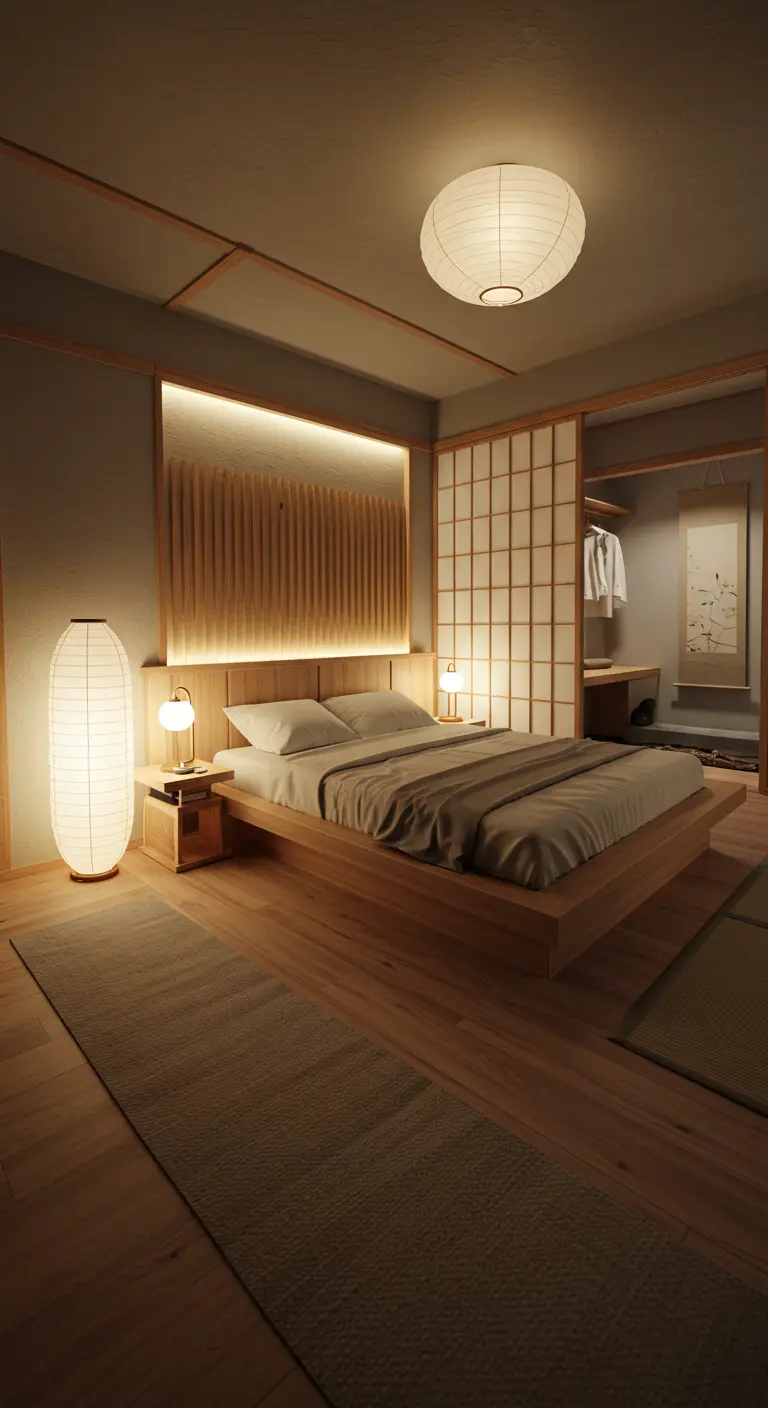 Japandi stijl slaapkamer met houten bed, rijstpapieren lampen en zachte, warme verlichting.