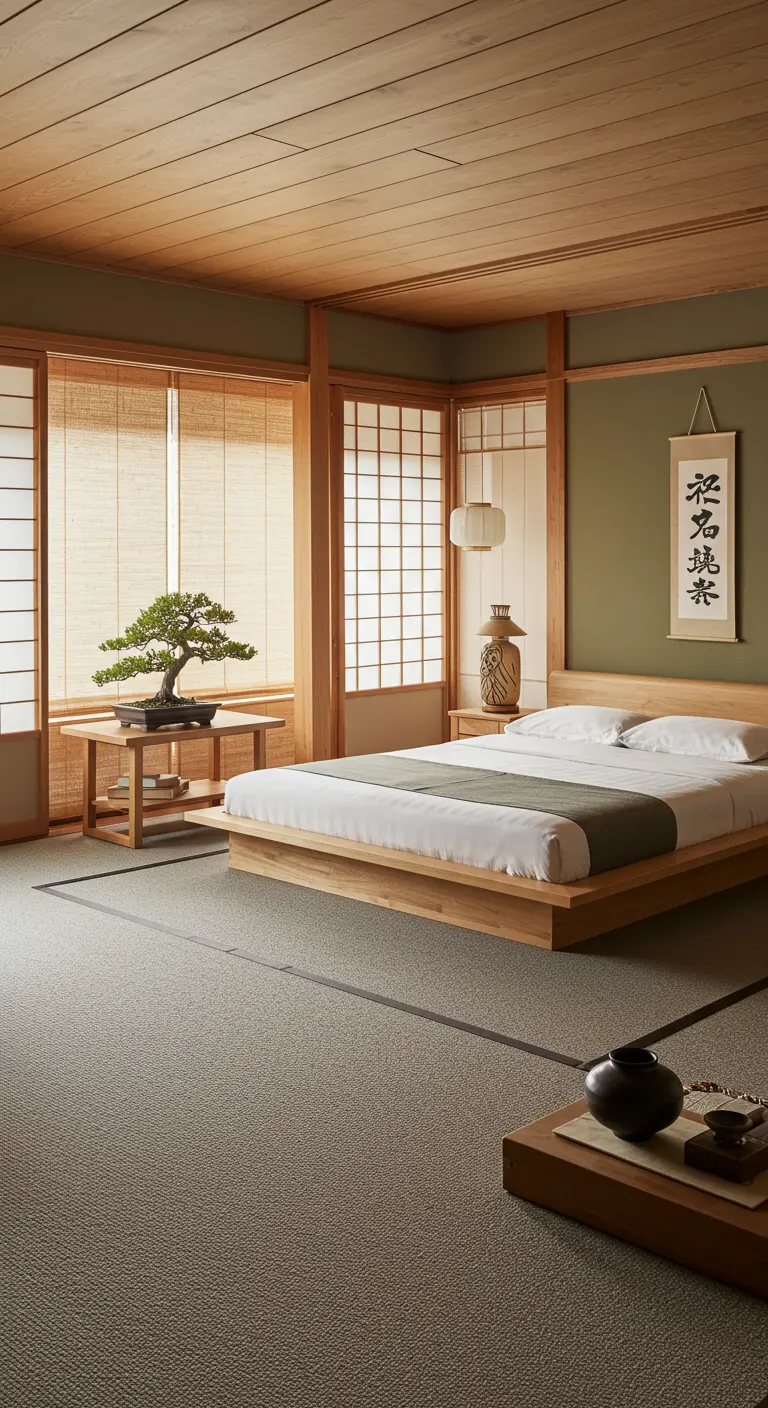 Slaapkamer in Japanse stijl met een grijs geweven tapijt en minimalistisch houten bed.