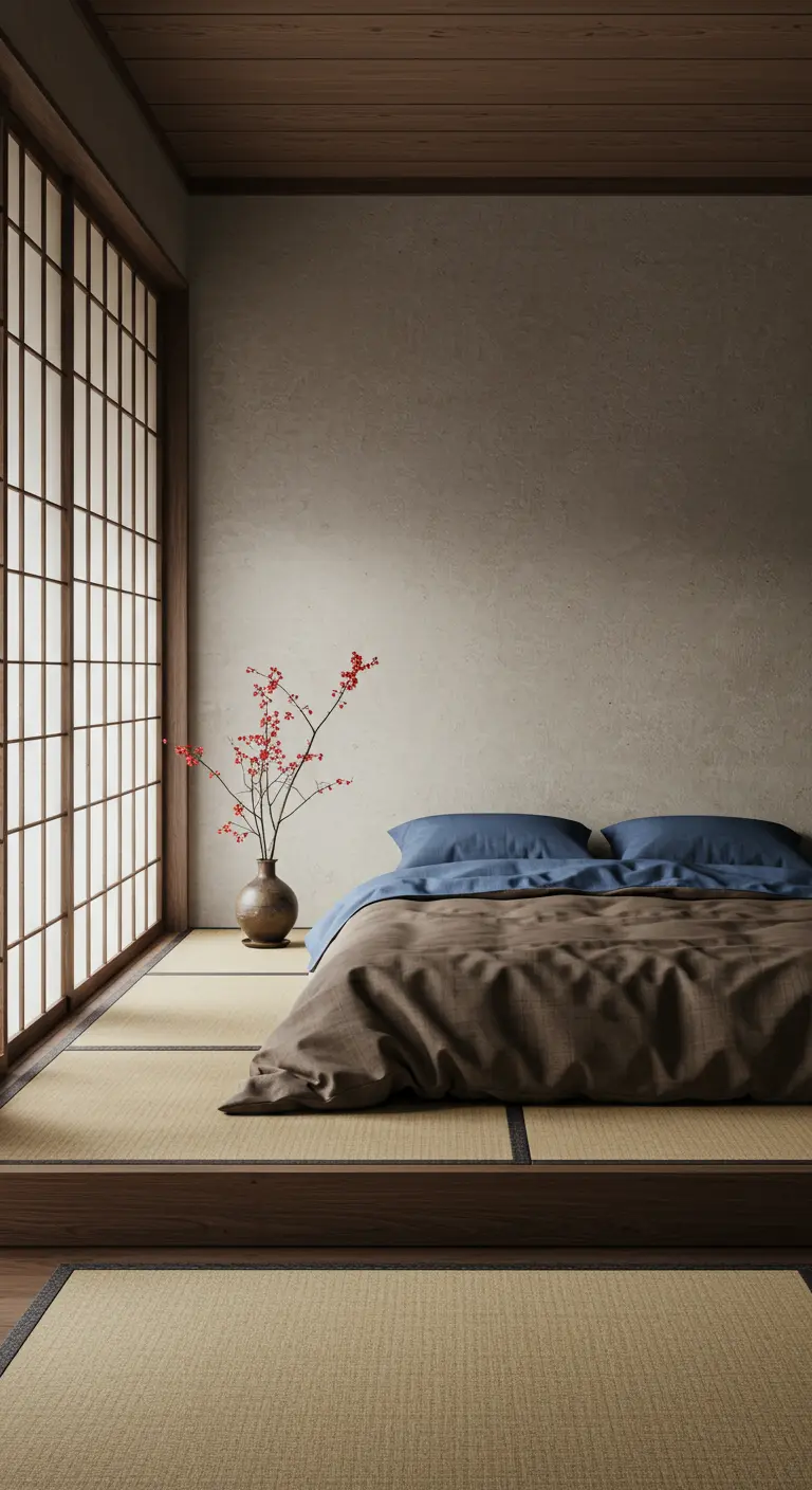 Japanse stijl slaapkamer met laag bed op tatami matten en shoji scherm.