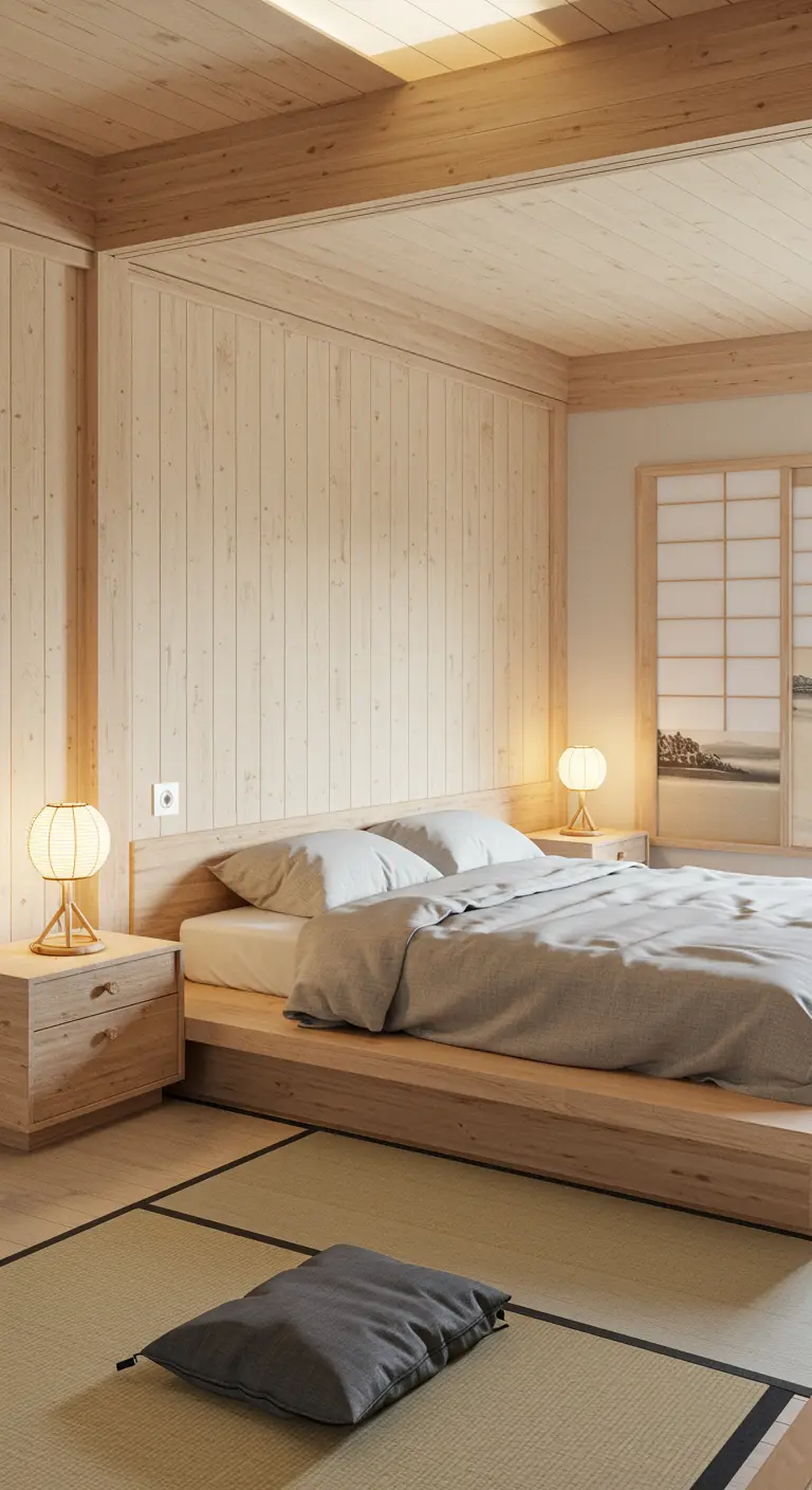 Slaapkamer in Japanse stijl met houten lattenwand achter het bed en tatami matten.
