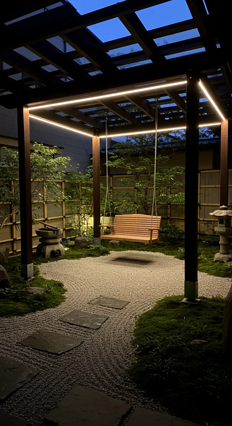 Japanse tuin 's nachts met houten schommelbank onder pergola met LED-verlichting en kiezels.