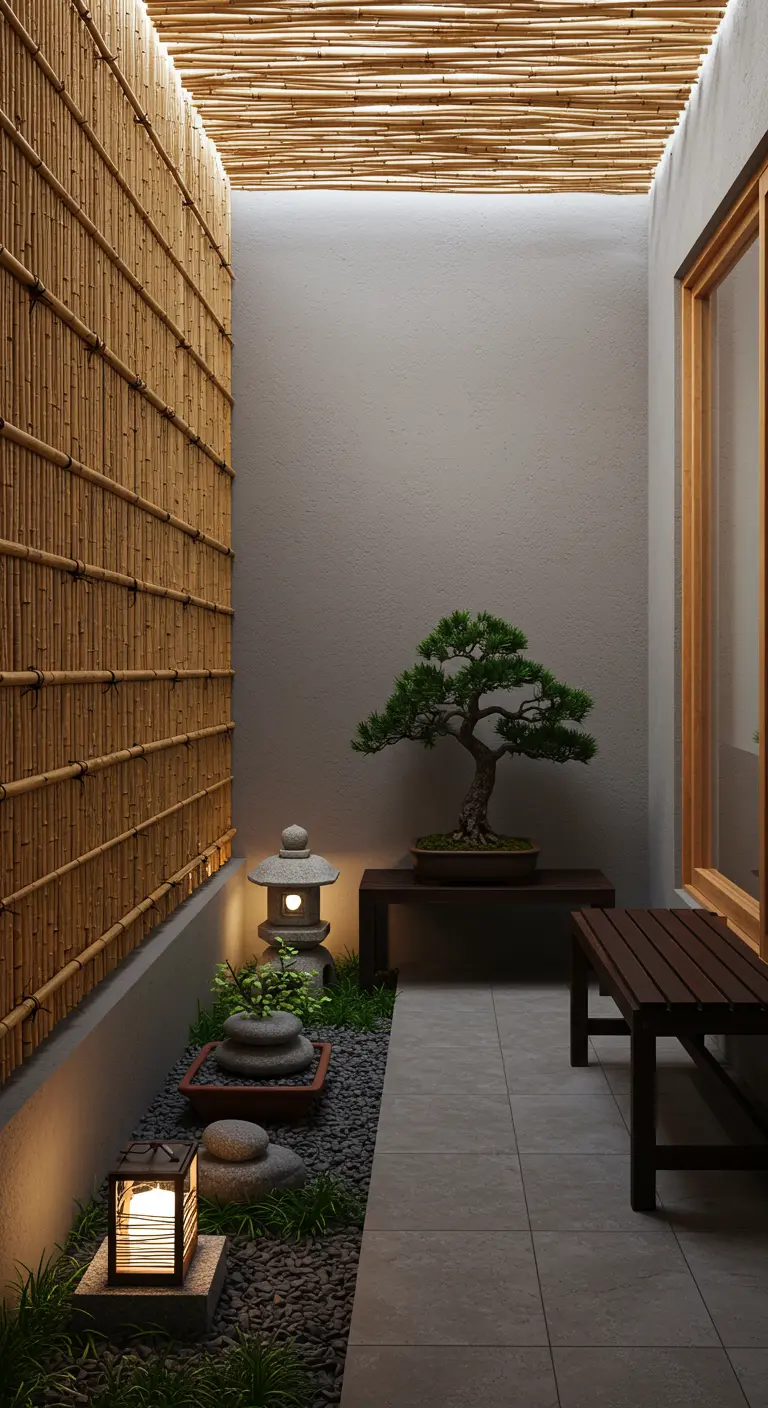 Smal balkon in Japanse stijl met bamboe, bonsai en stenen lantaarn.