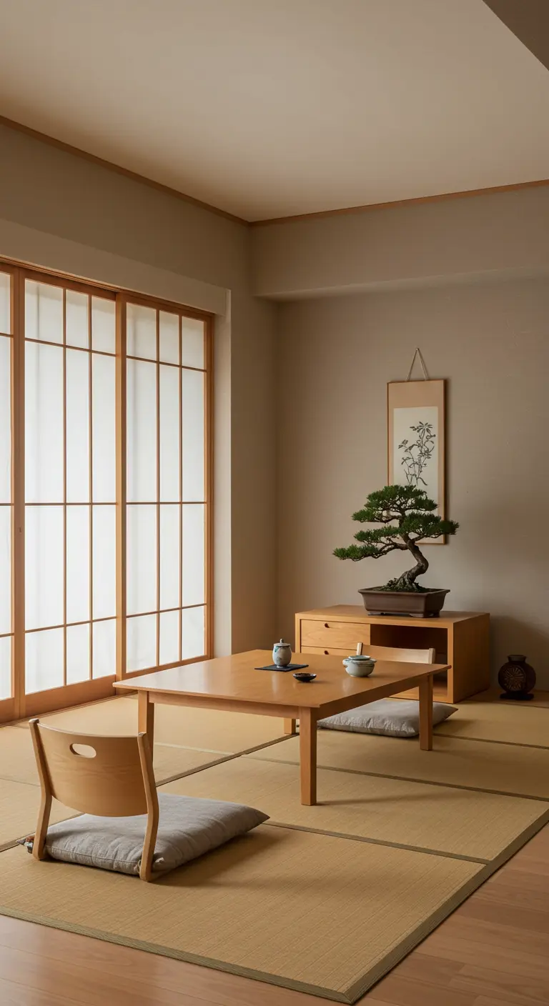 Minimalistische ruimte in Japanse stijl met lage houten tafel, zitkussens en shoji-schermen.