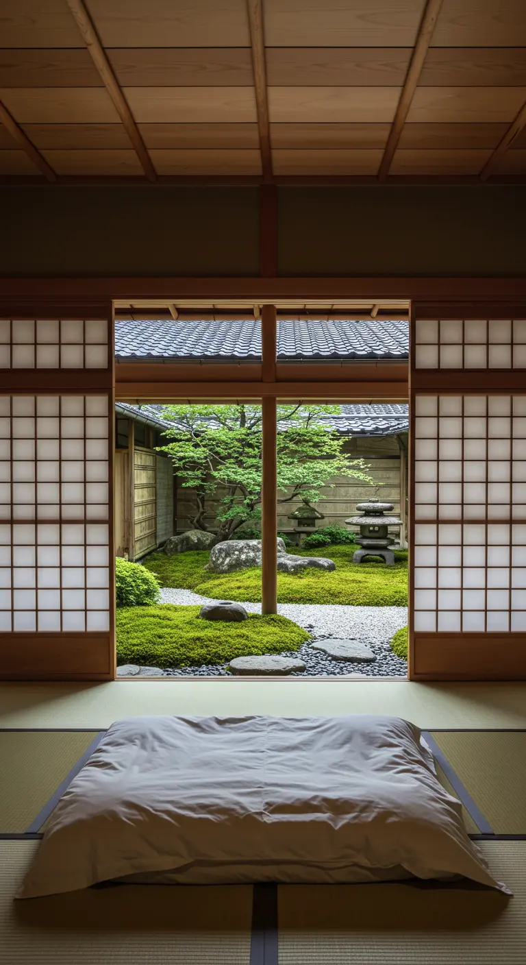 Japanse slaapkamer met uitzicht op een serene zentuin.