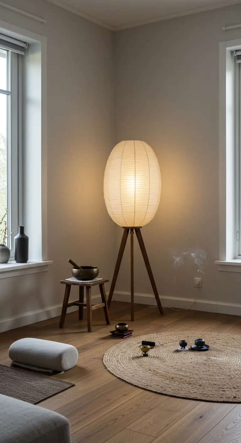 Meditatiehoek met grote papieren lantaarnlamp, houten krukje, klankschaal en vloerkussen op een rond jute kleed.