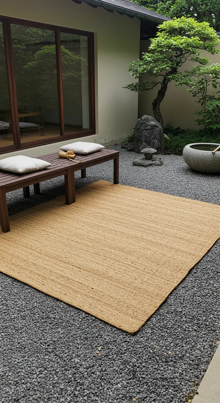 Japans geïnspireerde tuin met een houten bankje en een rechthoekig jute kleed op een grindoppervlak.