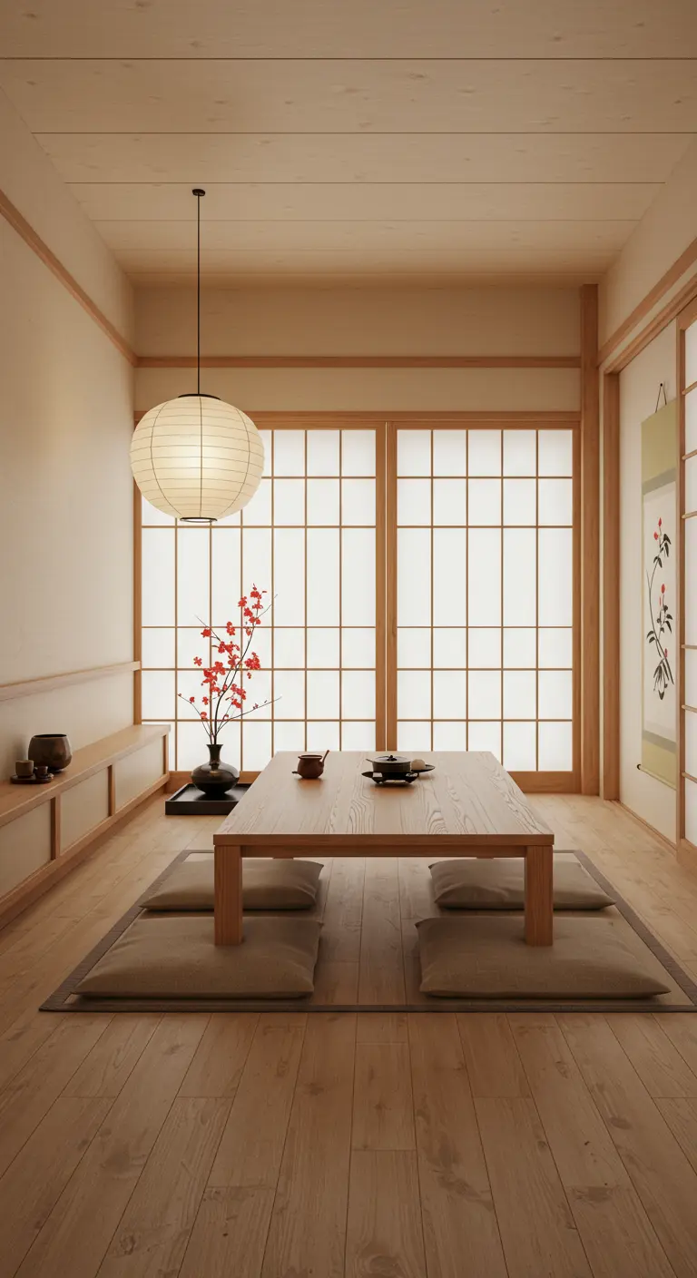 Lage houten tafel met zitkussens op de vloer in een Japanse stijl ruimte.