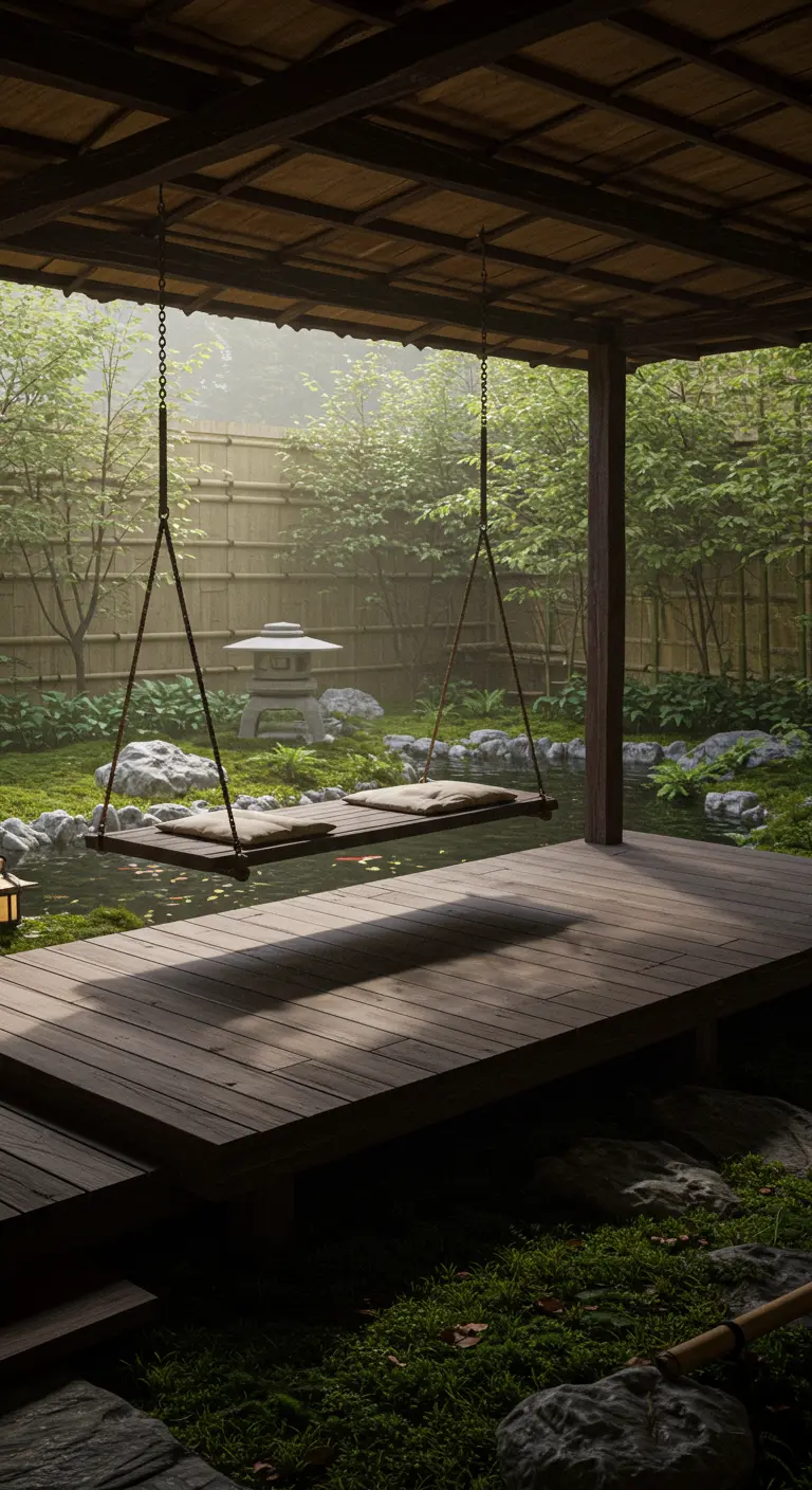 Houten schommelbank onder een afdak in een serene Japanse tuin met vijver.