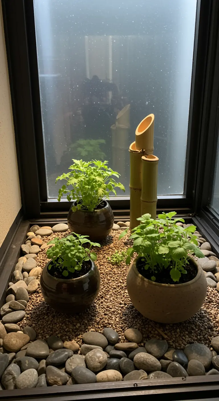 Mini-Zen-tuin met kruiden in ronde potten, omringd door kiezels en bamboe decoratie.