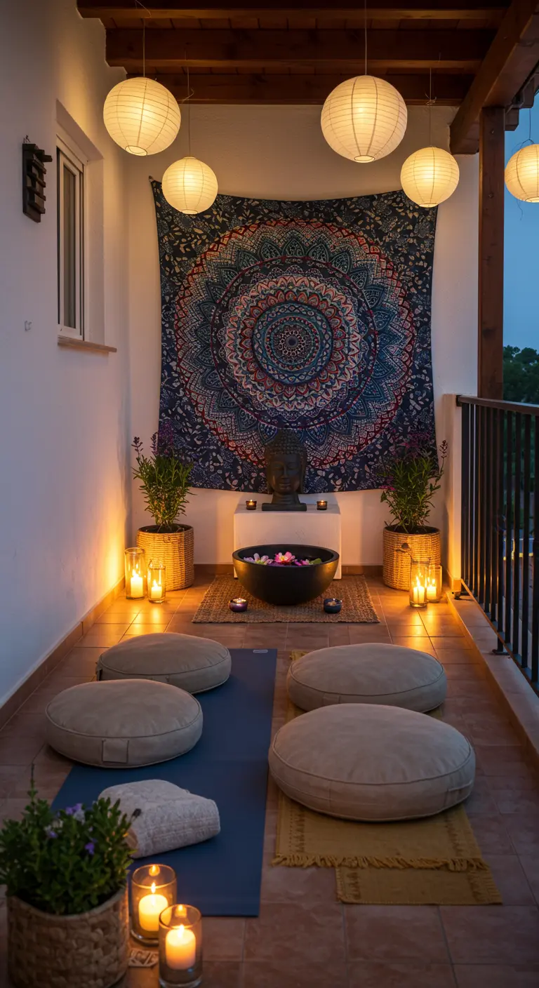 Balkon ingericht als meditatieruimte met mandala wandkleed, kussens en kaarsen.