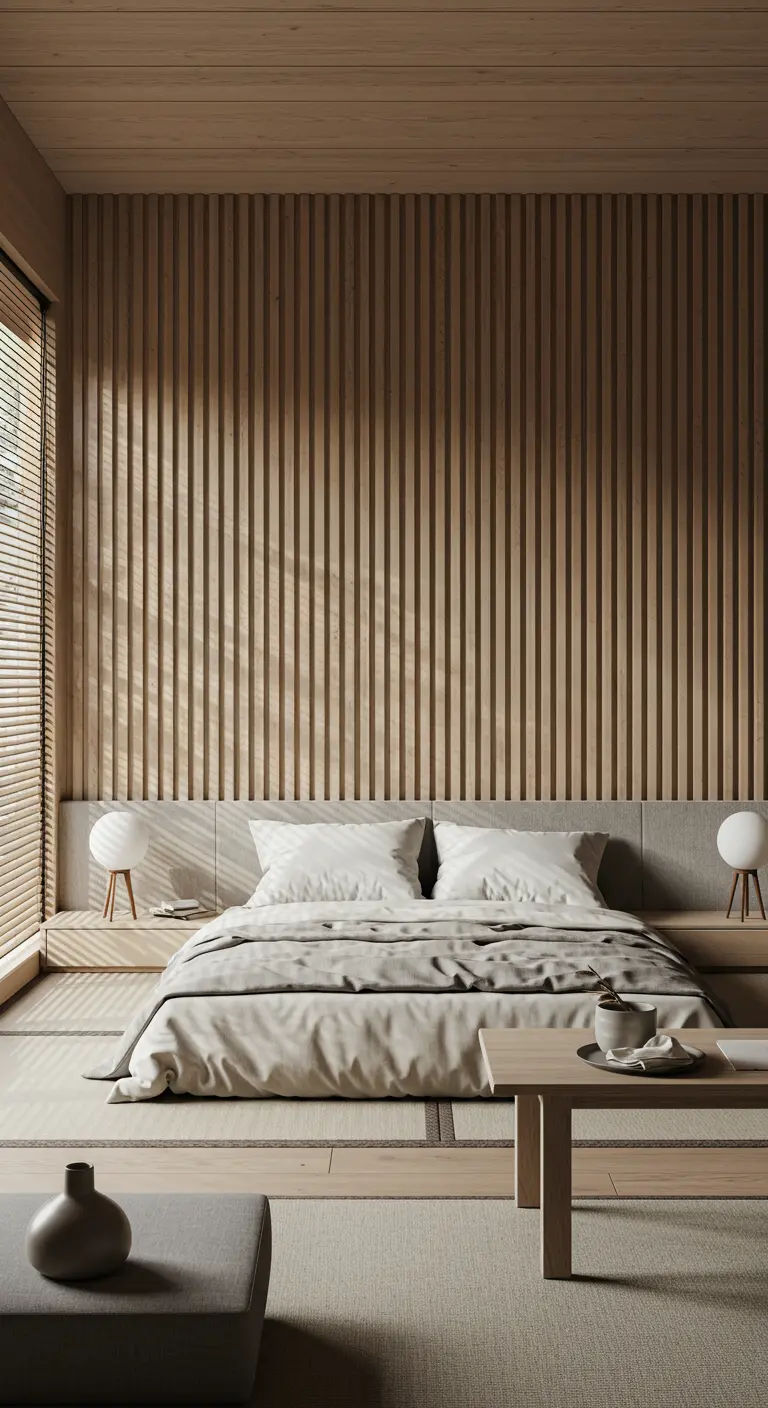 Strakke, verticale lichte houten lattenwand in een minimalistische Japandi slaapkamer.