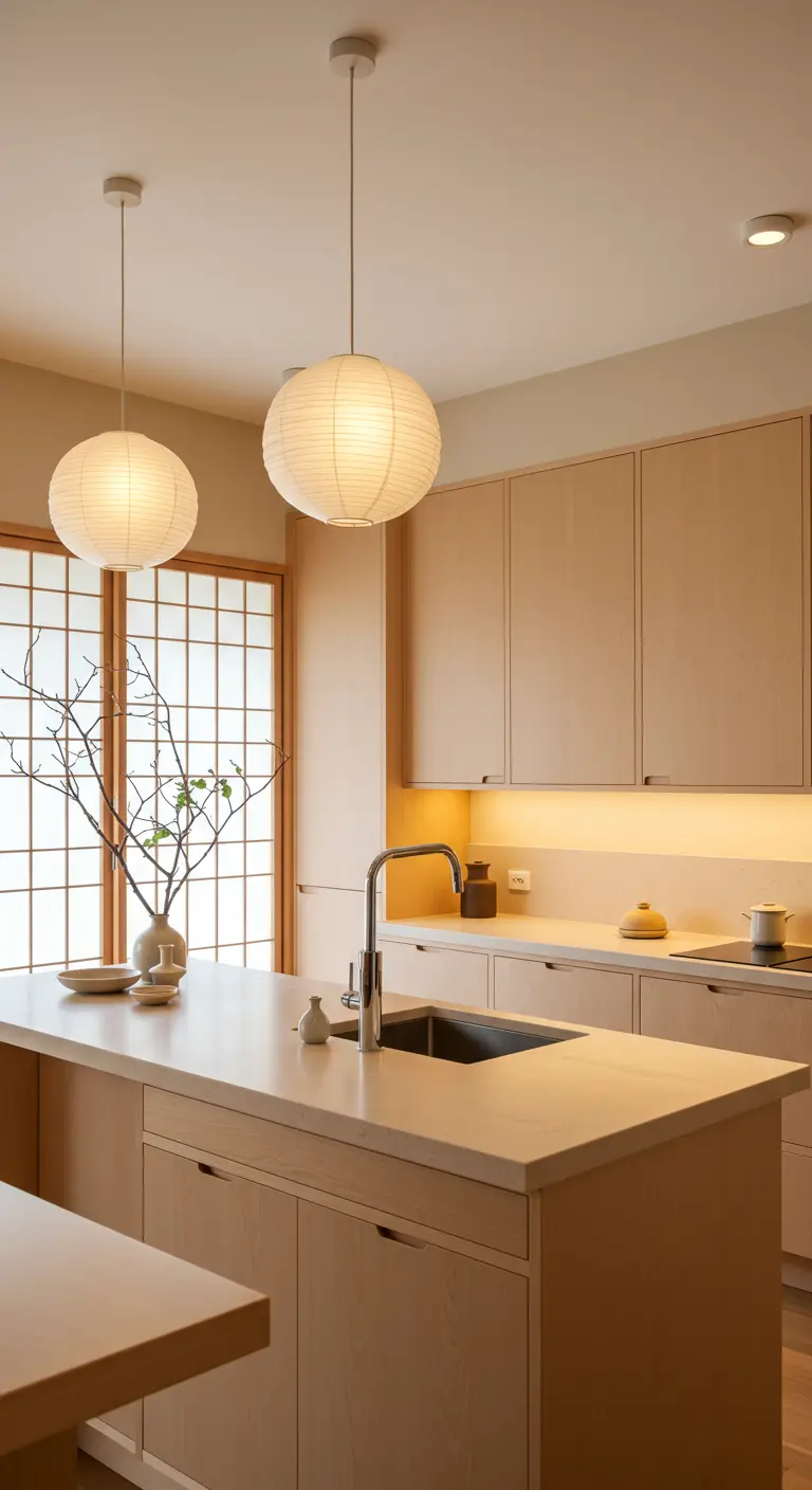 Japandi-stijl keuken met licht houten kasten en crèmekleurig natuurstenen werkblad.