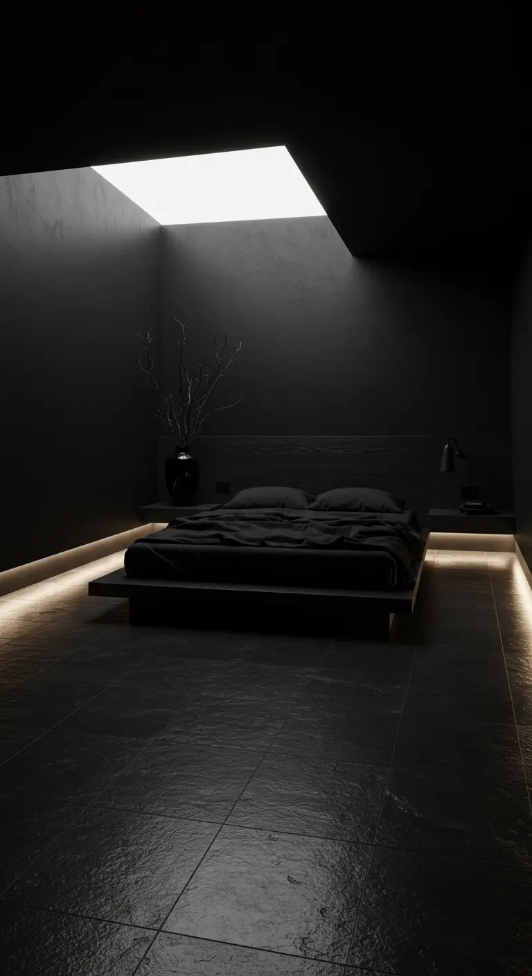 Minimalistische zwarte slaapkamer met dakraam, zwevend bed en sfeervolle LED-verlichting langs de vloer.