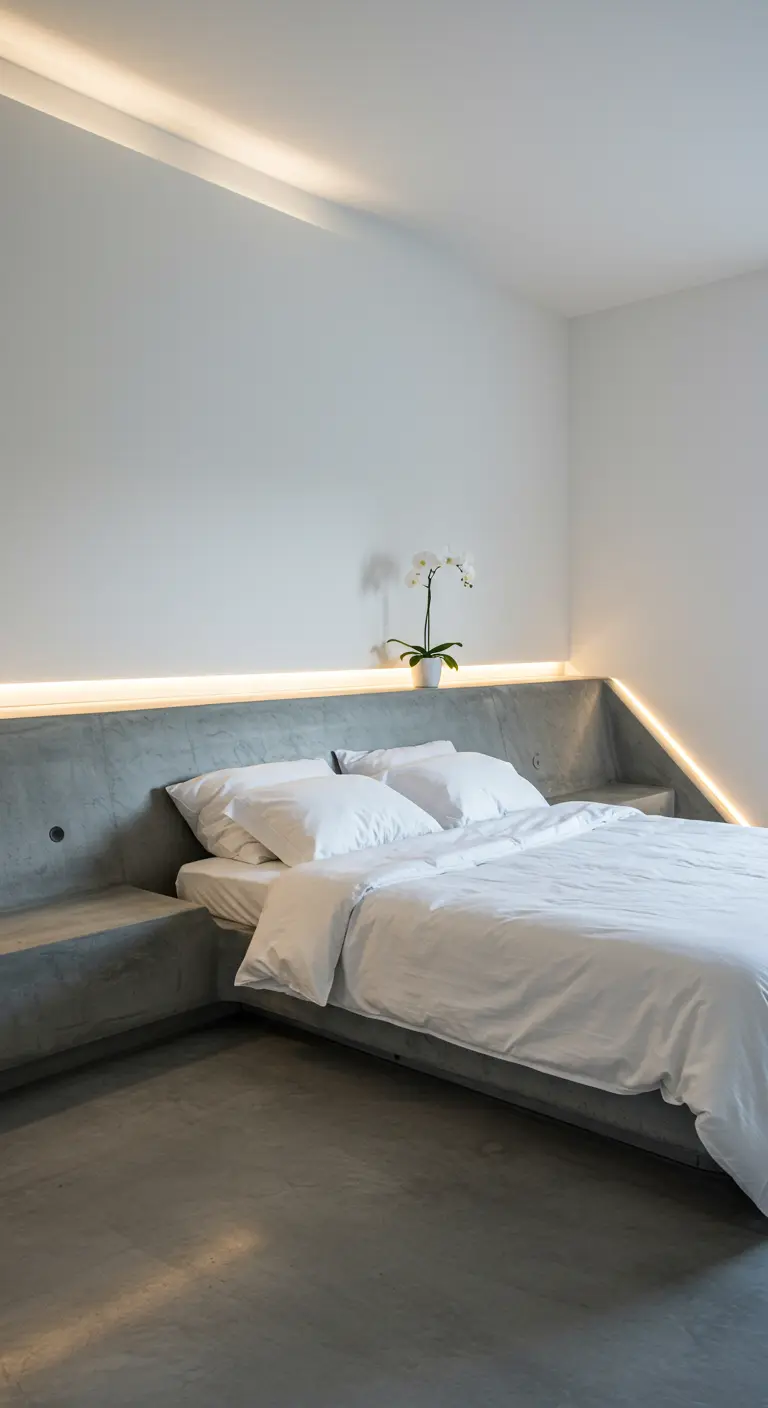 Minimalistische witte slaapkamer met ingebouwd betonnen bed en indirecte verlichting.