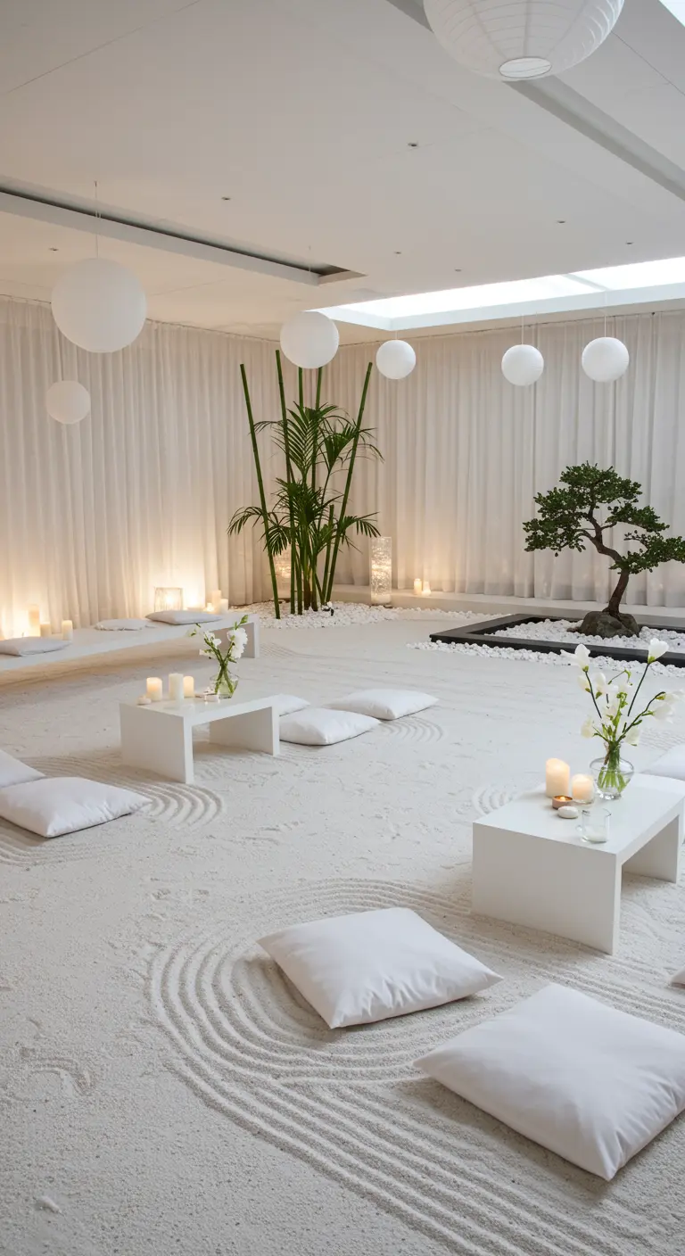 Zen-achtige ruimte met wit zand, kussens, lage tafels en subtiele witte verlichting.