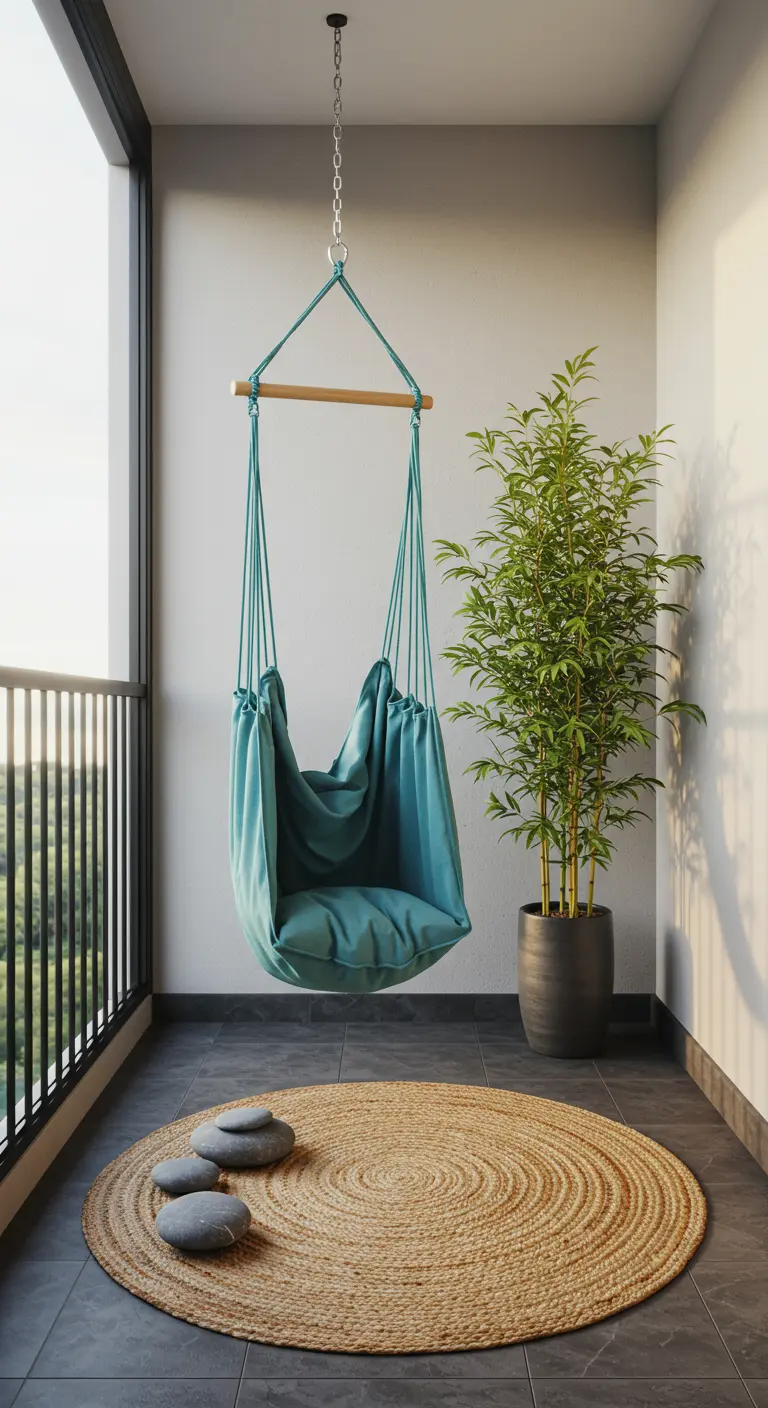 Turquoise stoffen hangstoel op balkon met bamboeplant en jutekleed.
