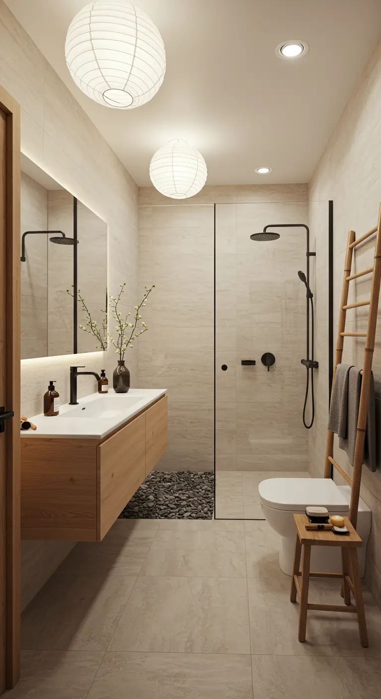 Badkamer in naturel tinten met houten meubel, lampionnen en kiezelvloer douche.