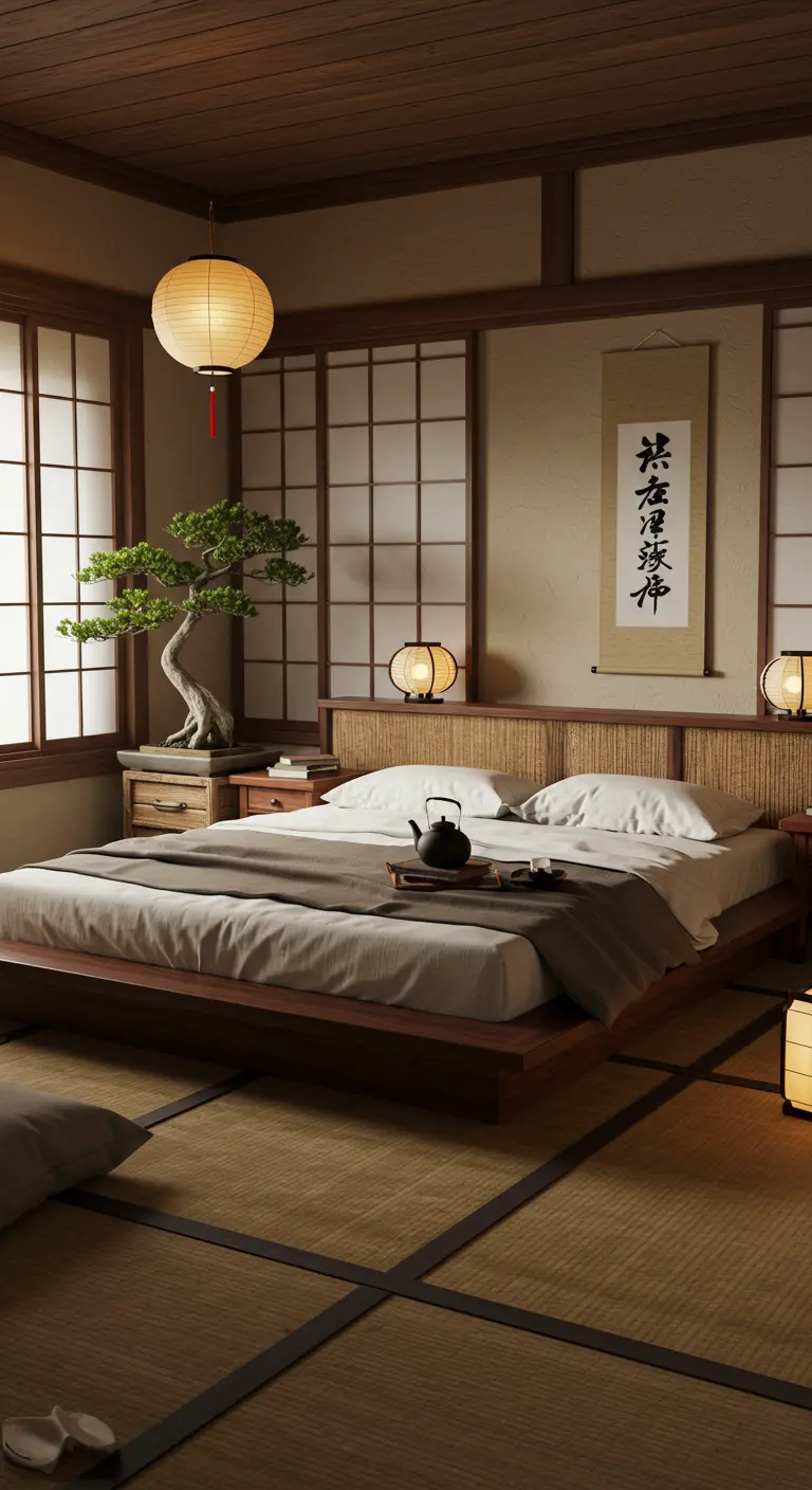 Laag houten bedframe met rotan hoofdbord in Japandi stijl slaapkamer.