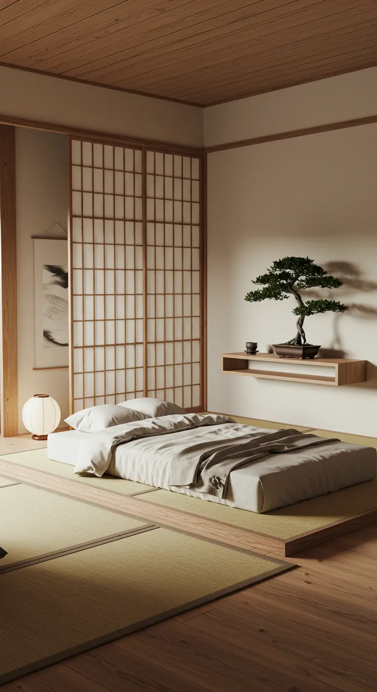 Minimalistische logeerkamer in Japanse stijl met laag bed en bonsai boompje.