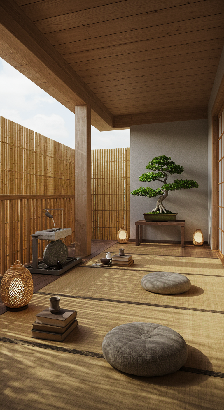 Japans geïnspireerd balkon met bamboe afscheiding, tatami matten, lage zitkussens en bonsaiboom.