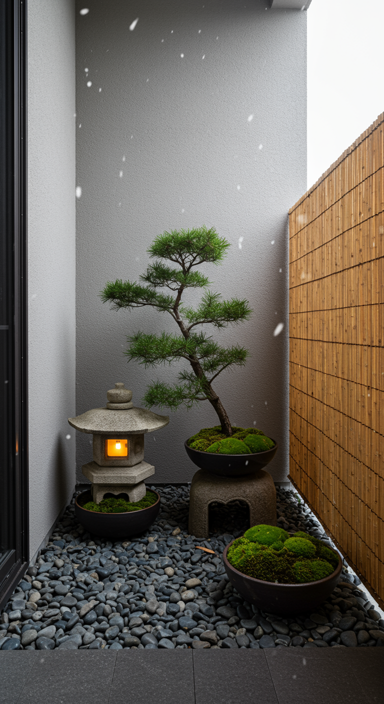 Minimalistisch Japans balkon met bonsaiboom, stenen lantaarn, kiezels en bamboe scherm.