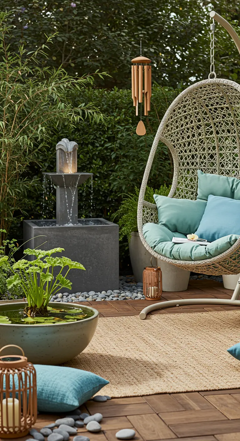 Witte rieten hangstoel met standaard in zentuin met waterornament en windgong.