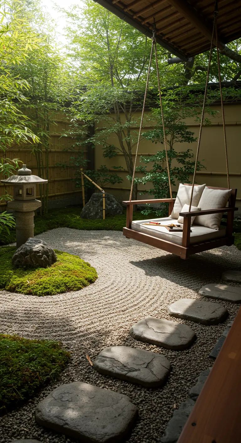 Houten schommelbank in Japanse tuin met grind, mos en stenen lantaarn.