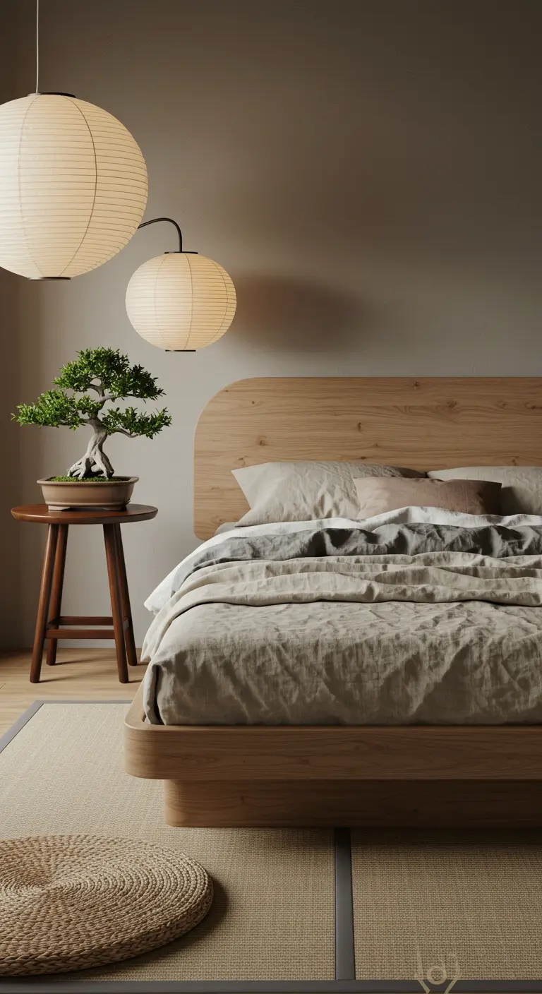 Japandi slaapkamer met laag houten bed, papieren lampionnen en bonsai.