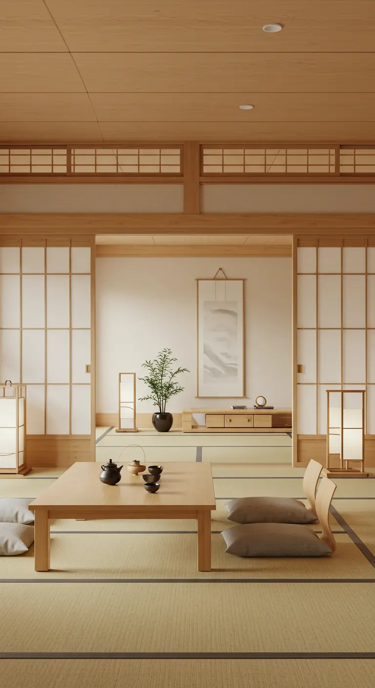 Japanse Shoji schuifdeuren van licht hout en rijstpapier in een serene, minimalistische ruimte.