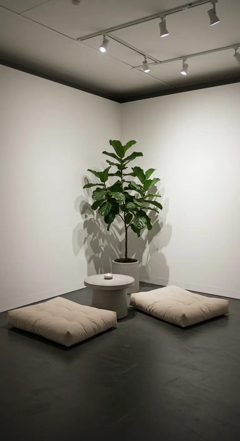 Minimalistisch hoekje met een grote vioolbladplant, vloerkussens en een kaars.