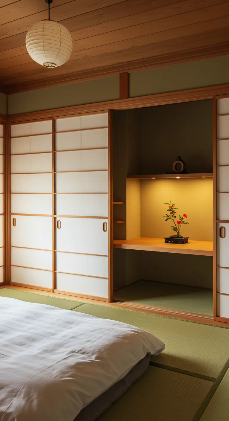 Slaapkamer in Japanse stijl met werkplek verborgen achter shoji schuifdeuren.