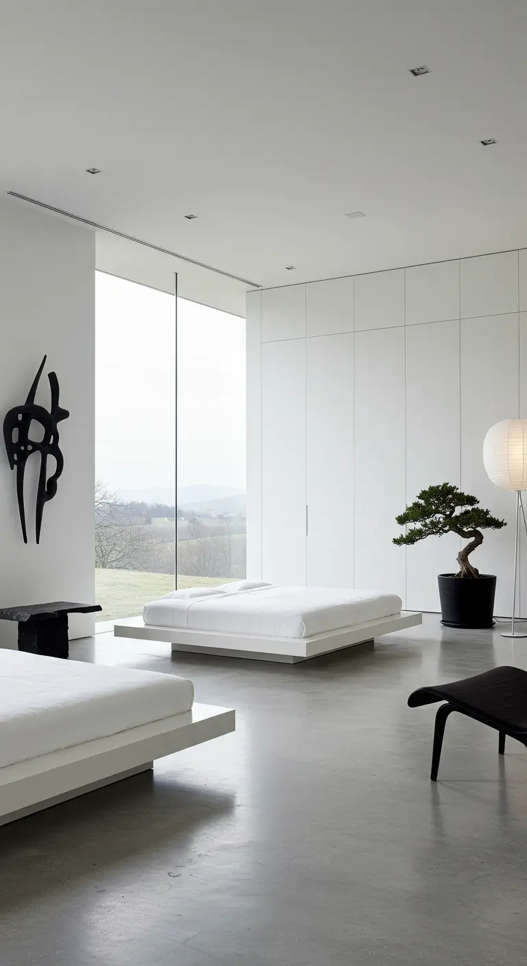 Ultra-minimalistische witte slaapkamer met bonsai en uitzicht op heuvels.