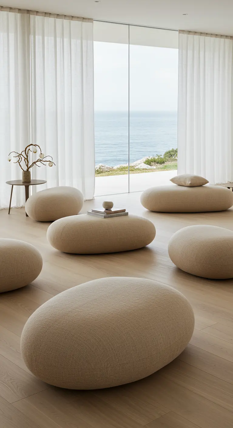 Grote, organisch gevormde beige poefs als zitelementen in lichte minimalistische ruimte met zeezicht.