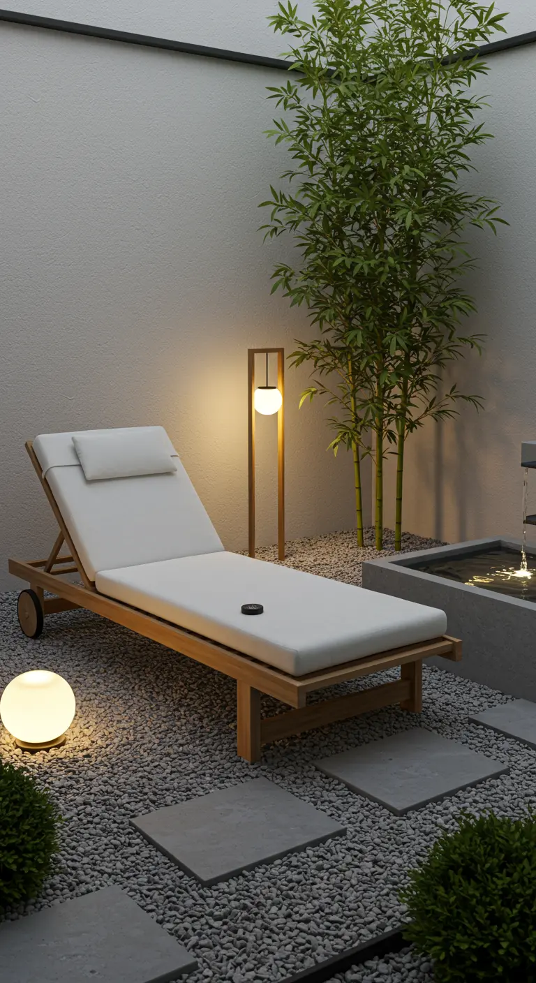Minimalistische tuin met een houten zonnebed, grind, stapstenen, bamboe en bolvormige buitenlampen.
