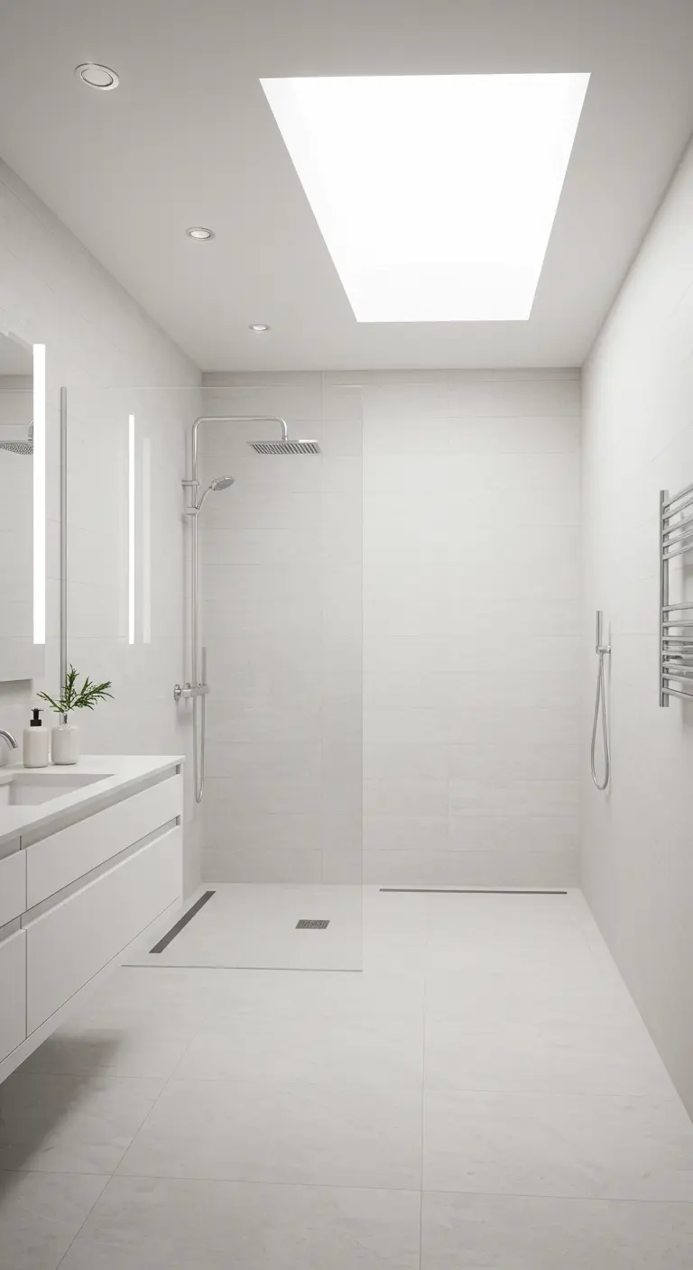 Moderne witte badkamer met inloopdouche, glazen wand en groot dakraam.