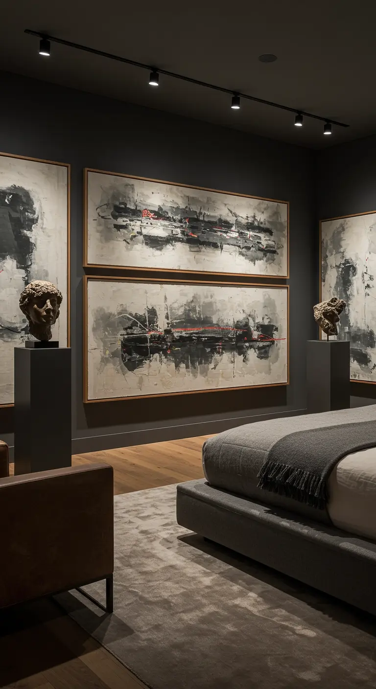 Donkere, chique slaapkamer met zwarte muren en spots gericht op grote abstracte kunstwerken.