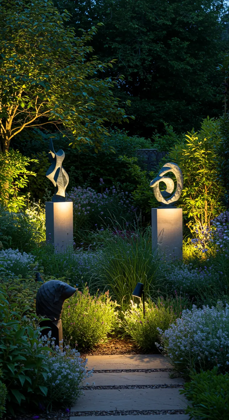 Tuin 's avonds met diverse abstracte kunstbeelden die verlicht worden door spots.