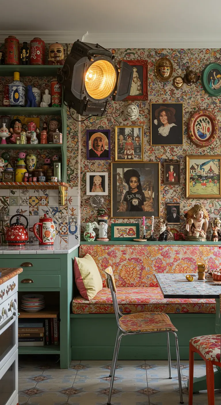 Eclectische keuken met grote filmspot gericht op een muur met kunst en objecten.