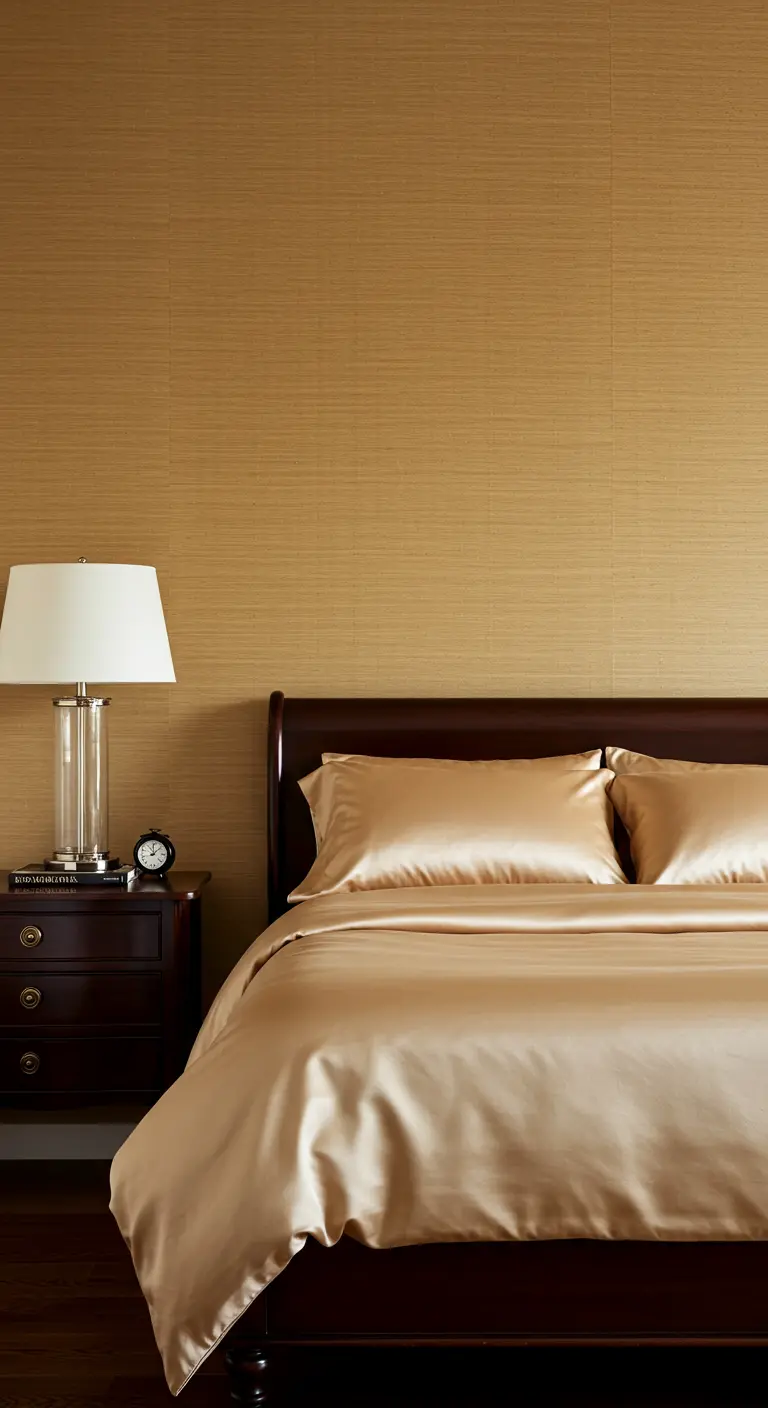 Luxe slaapkamer met goudkleurig zijden beddengoed en getextureerd behang.