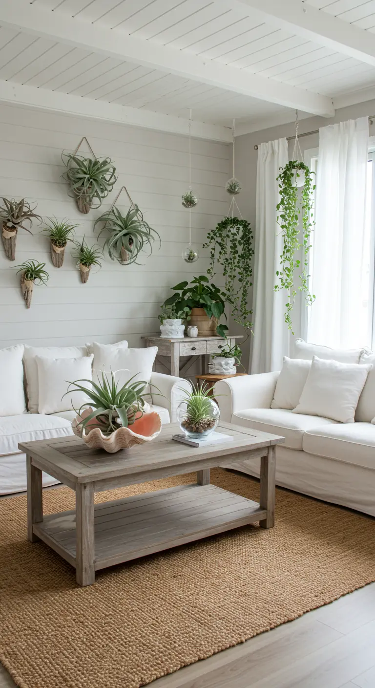 Lichte woonkamer in kuststijl met luchtplantjes, schelpen en witte meubels.